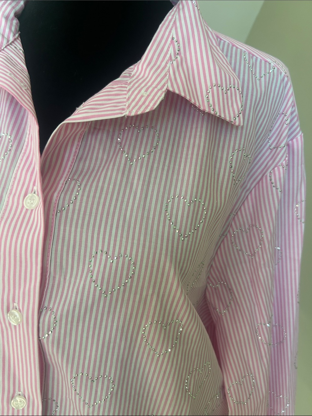 Velvet Heart Pink Striped Button-Down with Rhinestone Hearts